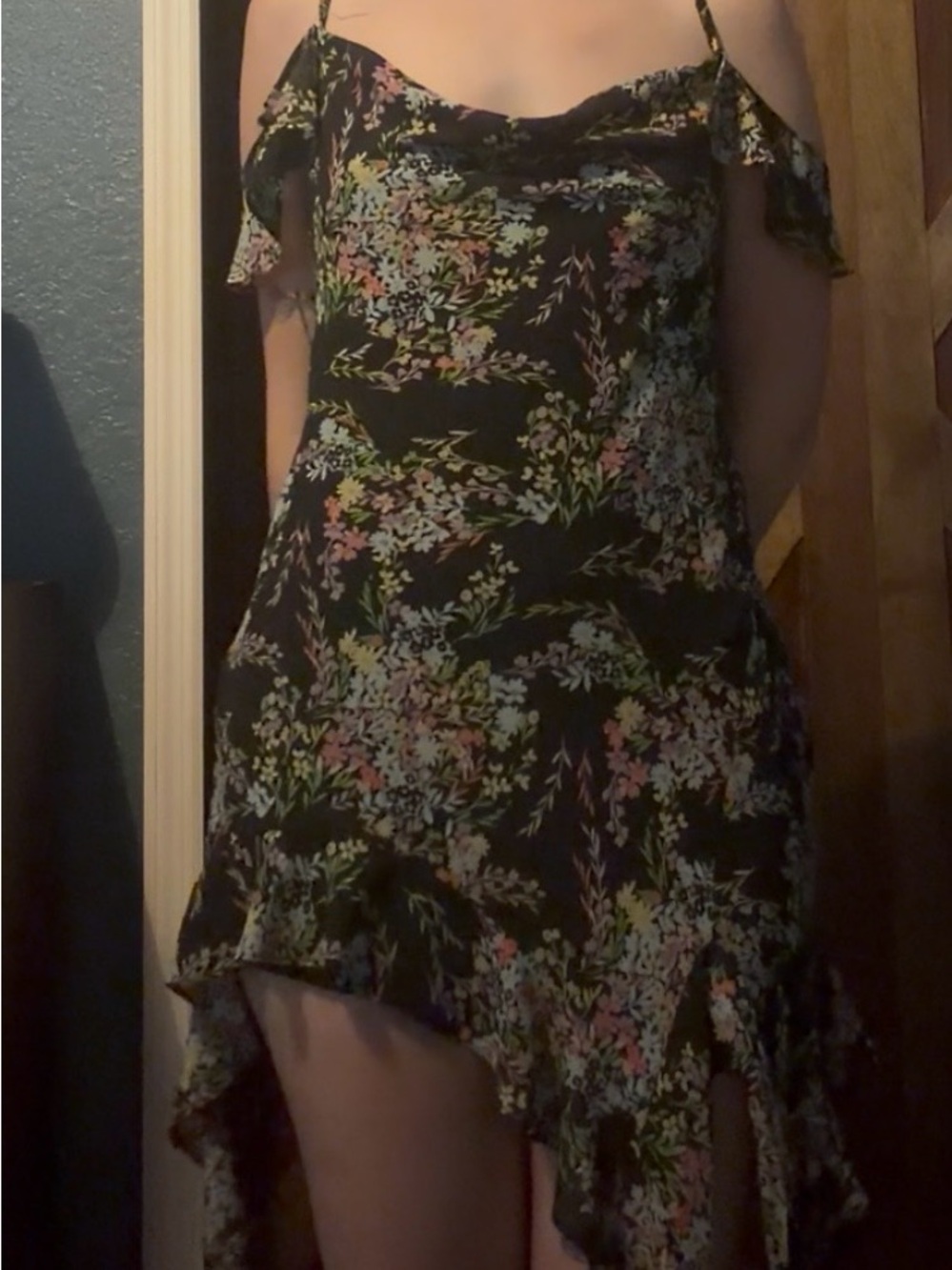 Forever 21 Black Floral High-Low Cold-Shoulder Slip Dress